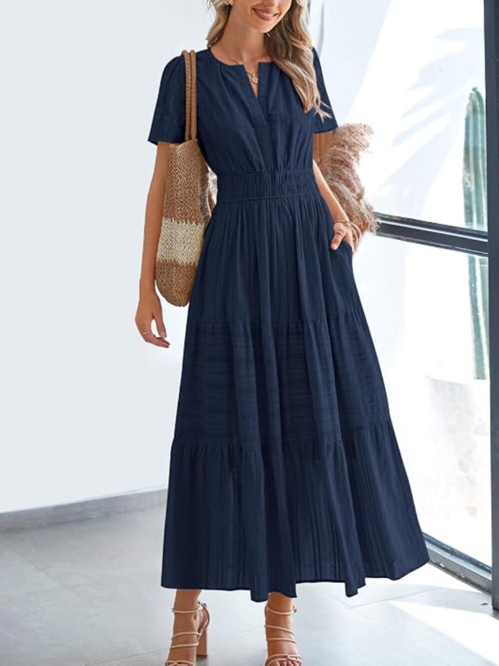 Womens Summer 2026 Casual Midi Maxi Dresses Lightweight Short Sleeve V Neck Ela